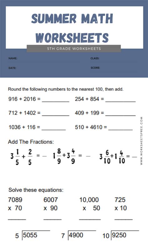 Summer Math Worksheets 5th Grade 5 Worksheets Free