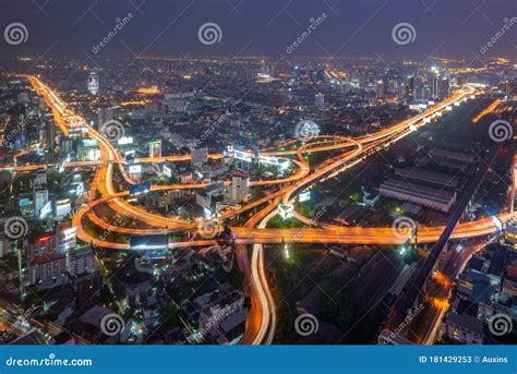 Aerial View of Road Interchange or Highway Intersection at Night ...