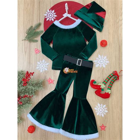 Christmas Costume for Girls 3Pcs Santa Claus Suit Boot Cut Pants Green ...