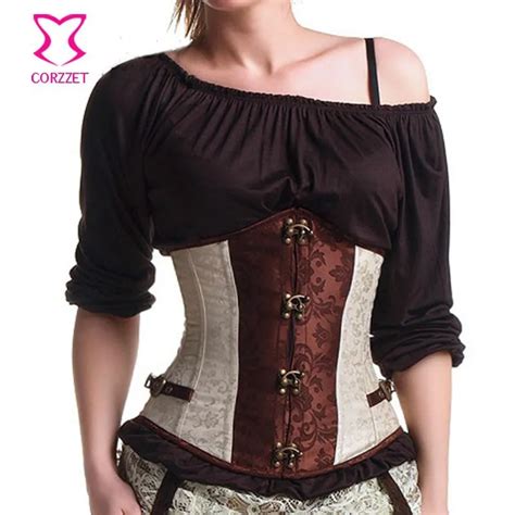 Steel Boned Waist Training Underbust Corset Brown Beige Brocade