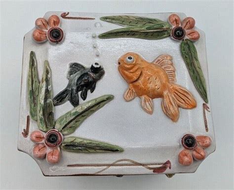 Stunning Koi Fish Pond Art Trinket Jewelry Box Sculpture Signed Clay