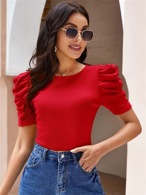 Shein Rib Knit Puff Sleeve T Shirt Clothes For Women Women Blouses