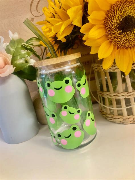 Frog Glass Cup Iced Coffee Cup Happy Frog Cup Frog Lover Etsy