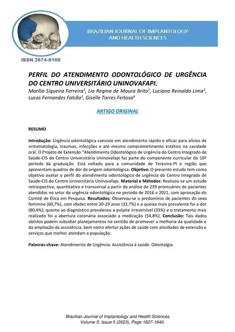 Pdf Perfil Do Atendimento Odontol Gico De Urg Ncia Do Centro