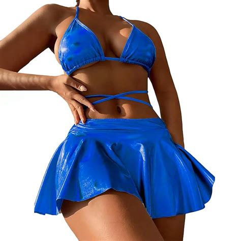 Celivon Womens Leather High Waist Three Piece Two Piece Swimsuit Lacquer Bikini Pool Party Wear