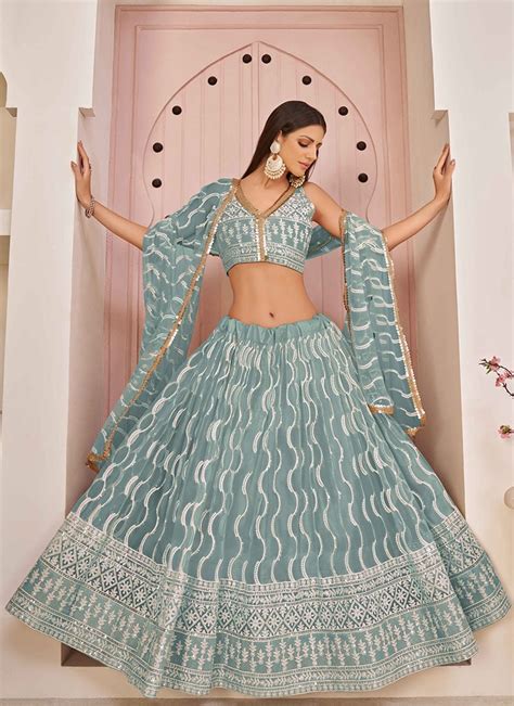 Buy Ocean Blue Net Embroidered Umbrella Lehenga Party Wear Online At