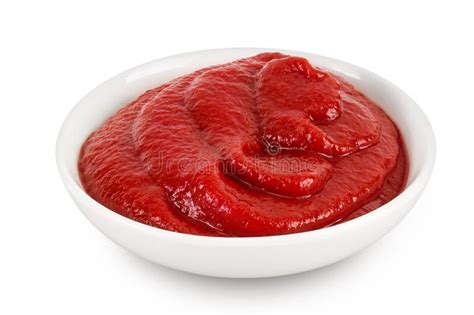 Red Tomato Sauce Or Ketchup In Ceramic Bowl Isolated On White