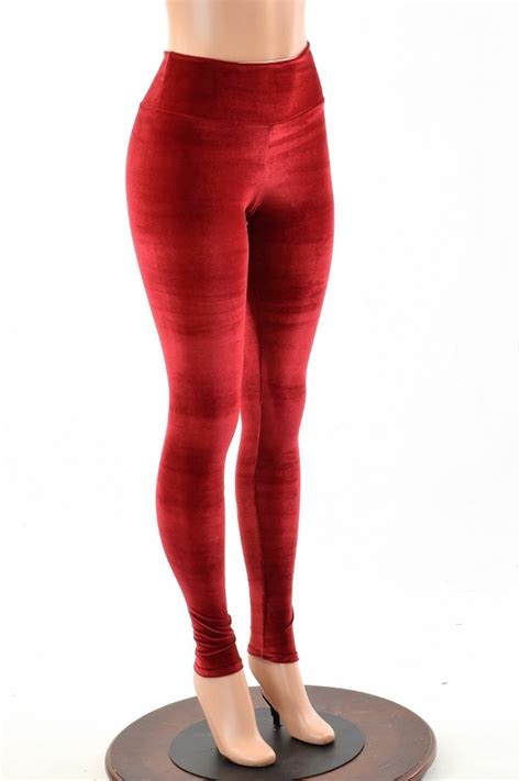 Red Stretch Velvet High Waist Leggings 151908 Etsy