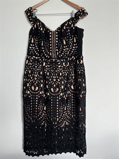 City Chic Black Lace Off Shoulder Midi Dress With Nude Gold Lining