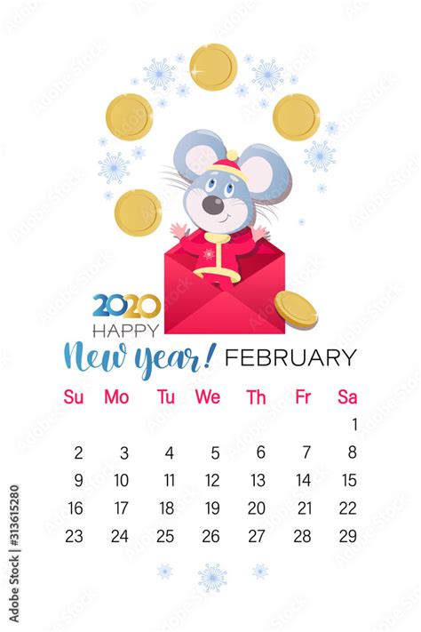 February calendar. Page design 2020. Mouse in a red envelope juggles ...
