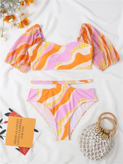 SHEIN Swim Mod Star Print Color Block Cutout Waist Bikini Swimsuit