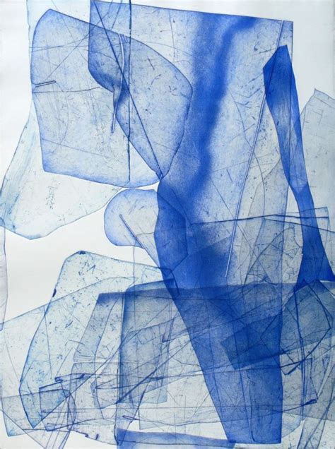 An Abstract Blue Painting With Lines And Shapes On It S Side In White