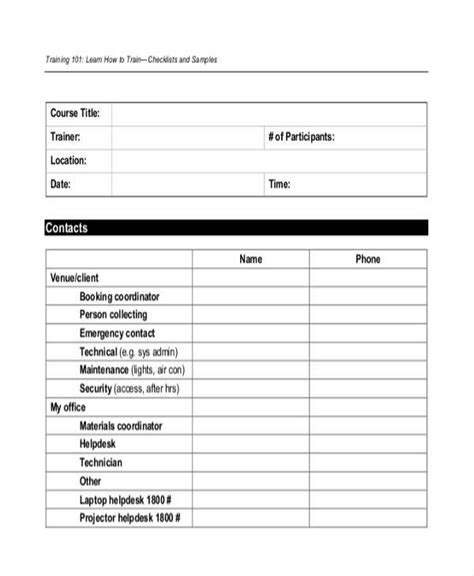 Training Checklist Template Word Free