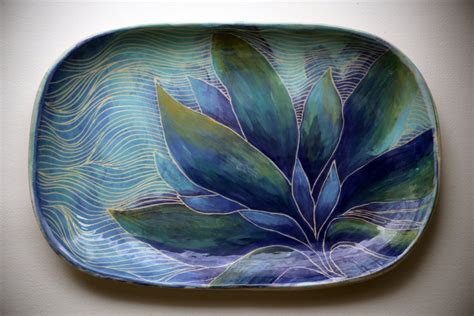 Blue Sgraffito Pottery Tray, Handpainted Painted Decorative Floral ...