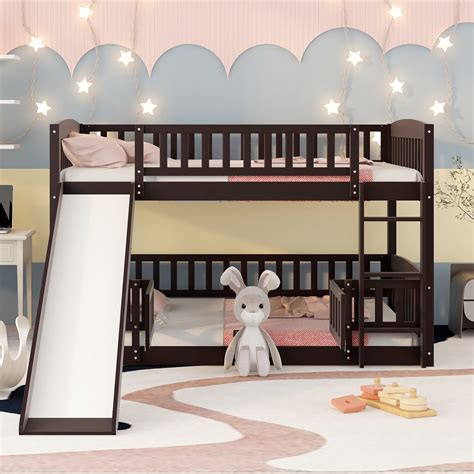 Bellemave Low Bunk Bed with Slide, Wood Full Over Full Bunk Beds with ...