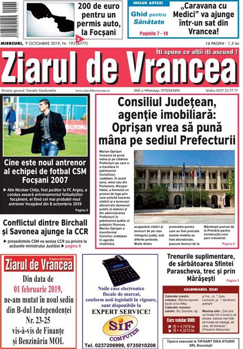 Prima Pagină A Ediției Print De Astăzi 9 Octombrie 2019
