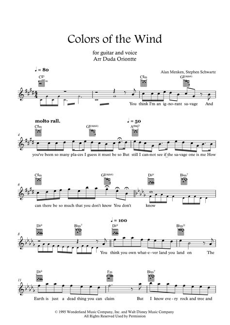 Play Official Version Of Colors Of The Wind Sheet Music By Vanessa Williams For Vocals Guitar