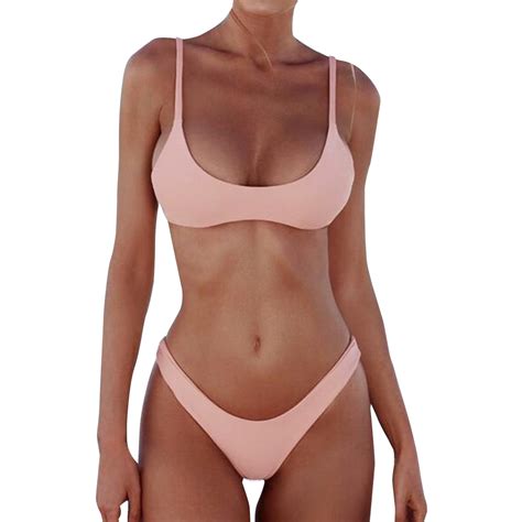 Cathalem Women S Solid Scoop Neck Push Up Padded Brazilian Thong Bikini