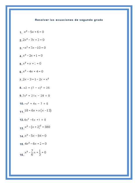 Ejercicios Y Problemas De Ecuaciones De Segundo Grado
