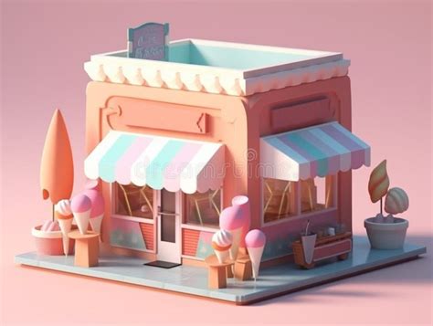 3d Image Isometric View Of Pastel Colored Ice Cream Shop Stock Photo