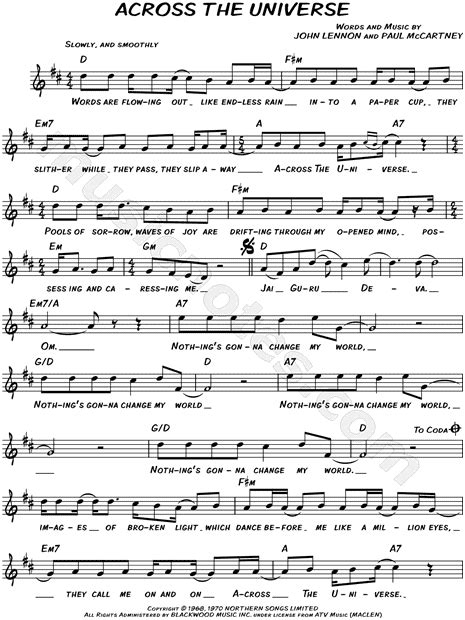 The Beatles Across The Universe Sheet Music Leadsheet In D Major Transposable Download