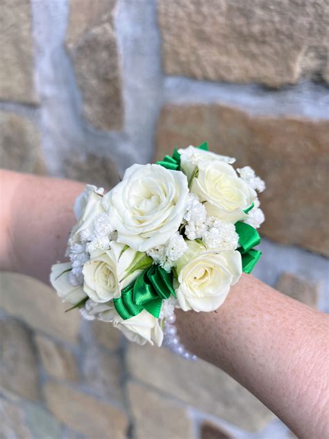White Wrist Corsage With Emerald Green Ribbon The Lush Lily