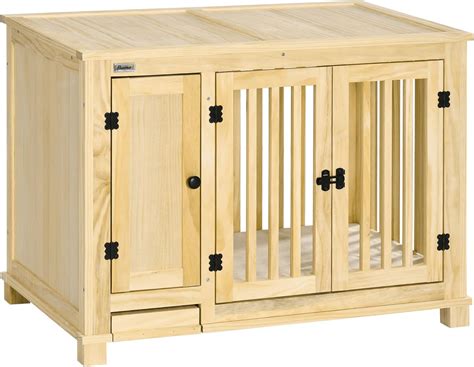 PawHut Meubles De Cage En Bois Pour Chien Avec Coussin Table D Appoint