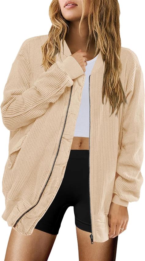 Senserise Womens Waffle Knit Shackets Cardigans Lightweight Zip Up