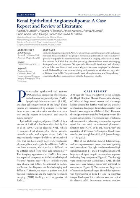 Pdf Renal Epithelioid Angiomyolipoma A Case Report And Review Of