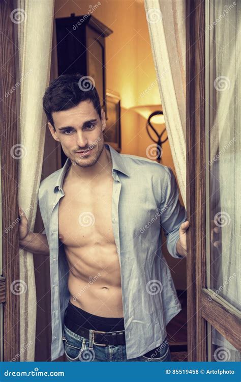 Men Muscular Chest Naked Torso Stand Sky Background Strong Muscles Emphasize Masculinity