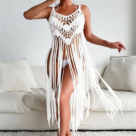 Crochet Tunic Bikini Cover Ups Sexy Hollow Out Dress Women Summer