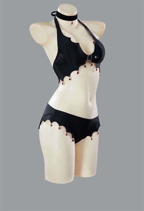 Women Gothic Black Bat Wings Styled Blood Drop Pendant Two Piece Swimsuit Bikini Set Top And