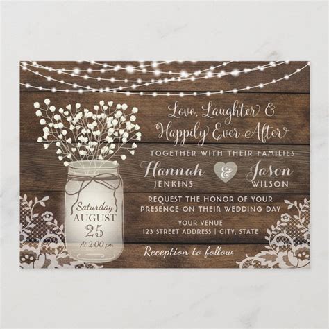 Rustic Wood Lace Wedding Invitation Mason Jar Invitation Zazzle