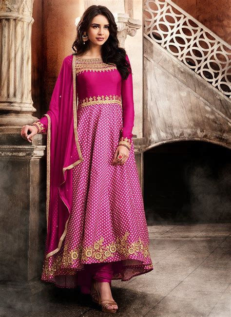 Fuchsia Pink Embroidered Satin Anarkali Anarkali Dress Indian