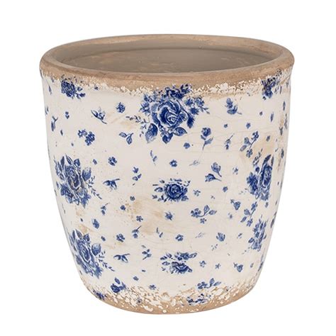 Ce L Bloempot X Cm Beige Blauw Keramiek Roosjes Bloempot Binnen