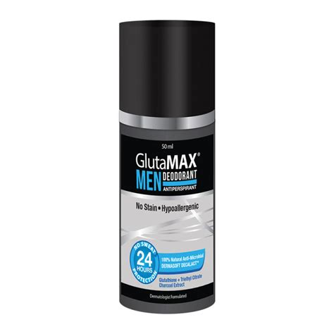 Glutamax Men Deodorant 50ml Anti Perspirant 24hr No Stain Glutathriethyl Citrate Charcoal