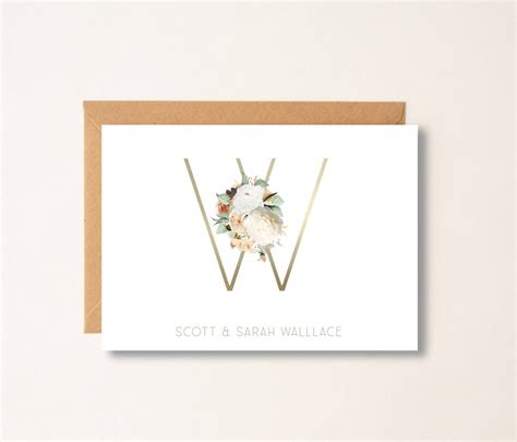 Notecard Gold Greenery Initial Last Name Personalized Wedding