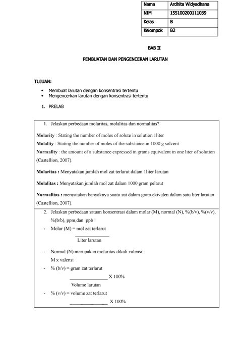 Laporan 2 Kimdas Buat Belajar Bab Ii Pembuatan Dan Pengenceran