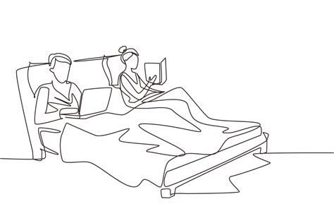 Single Continuous Line Drawing Couple Spending Time In Bed With