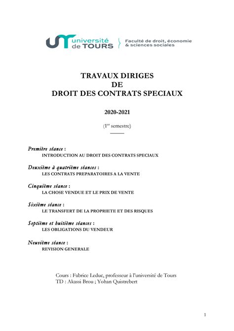 Fascicule Td Travaux Diriges De Droit Des Contrats Speciaux