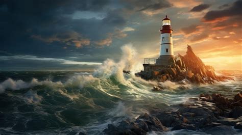 Un Phare C Tier Debout Au Milieu Du Temps Orageux Et Des Vagues Qui S