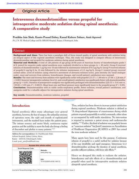 Pdf Intravenous Dexmedetomidine Versus Propofol For Intraoperative Moderate Sedation During