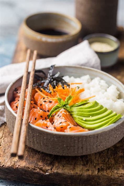 Hawaiian salmon poke bowl stock photo. Image of meal - 152636854