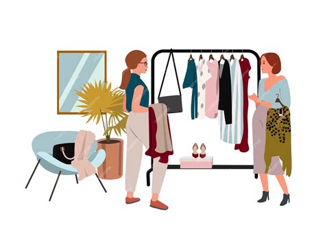 Mujer Haciendo Compras Ilustración Vectorial Plana Cliente De Boutique Feliz Y Vendedor Amigable