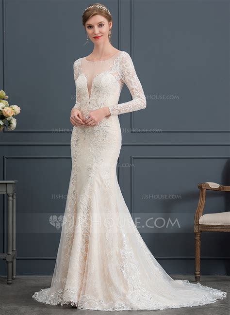 Trumpet Mermaid Illusion Court Train Lace Wedding Dress 002171965