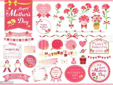 Vector Illustration Set Of Mothers Day Carnation Ts Ribbons Design