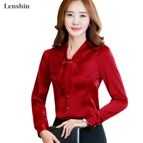 Lenshin Women Tie Front Red Blouses With Bow Fashion Satin Tops Female