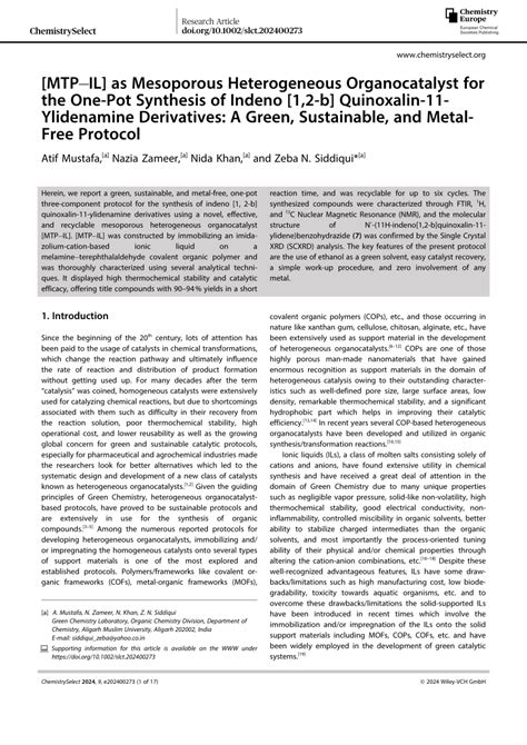 MTPIL As Mesoporous Heterogeneous Organocatalyst For The OnePot