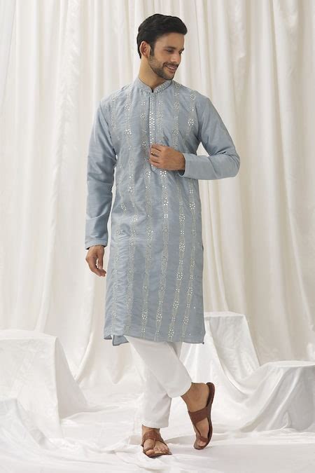 Buy Blue Kurta Silk Embroidery Mirror Straight With Pant For Men By