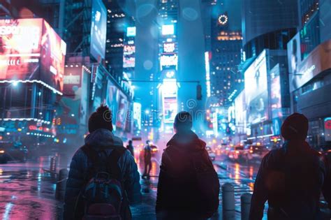 Friends Exploring A Bustling Cityscape At Night Illuminated By Street